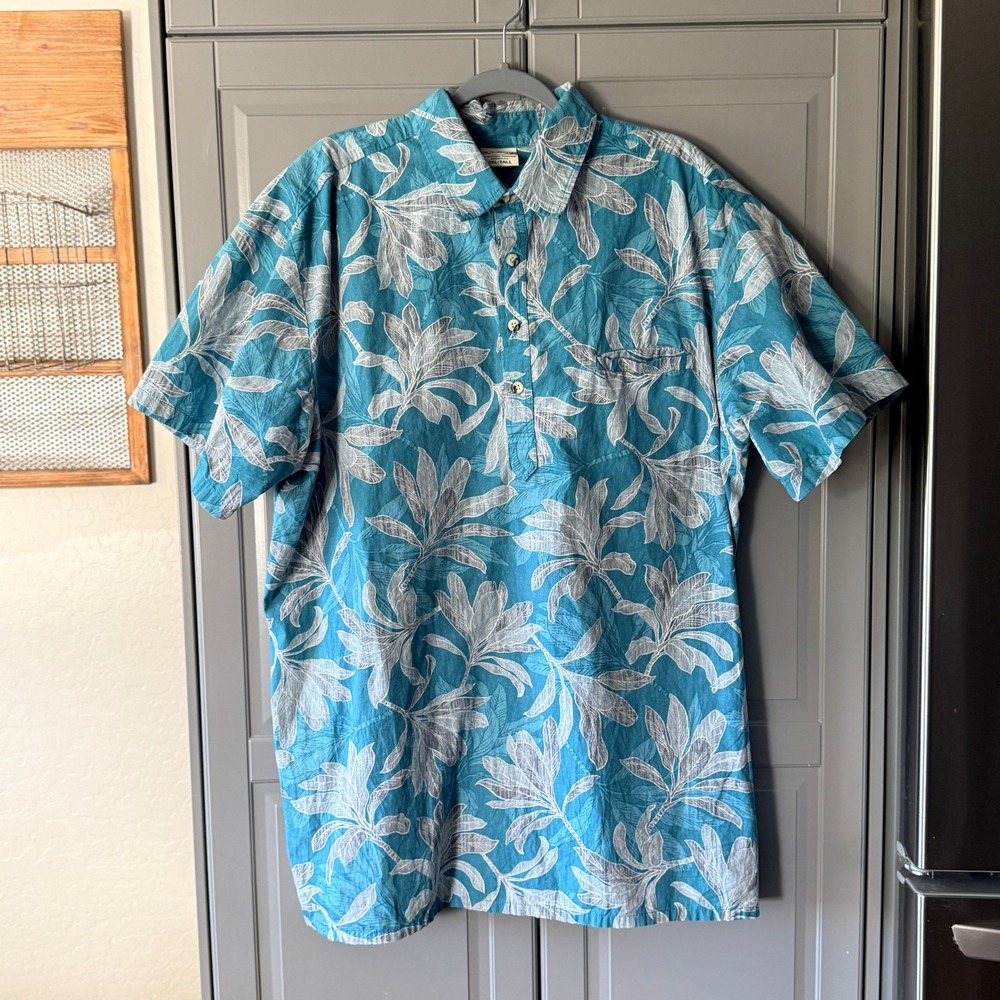 Go Barefoot Mens Reverse Print Tropical Leaf Popover Hawaiian Shirt,Teal, 2XLT